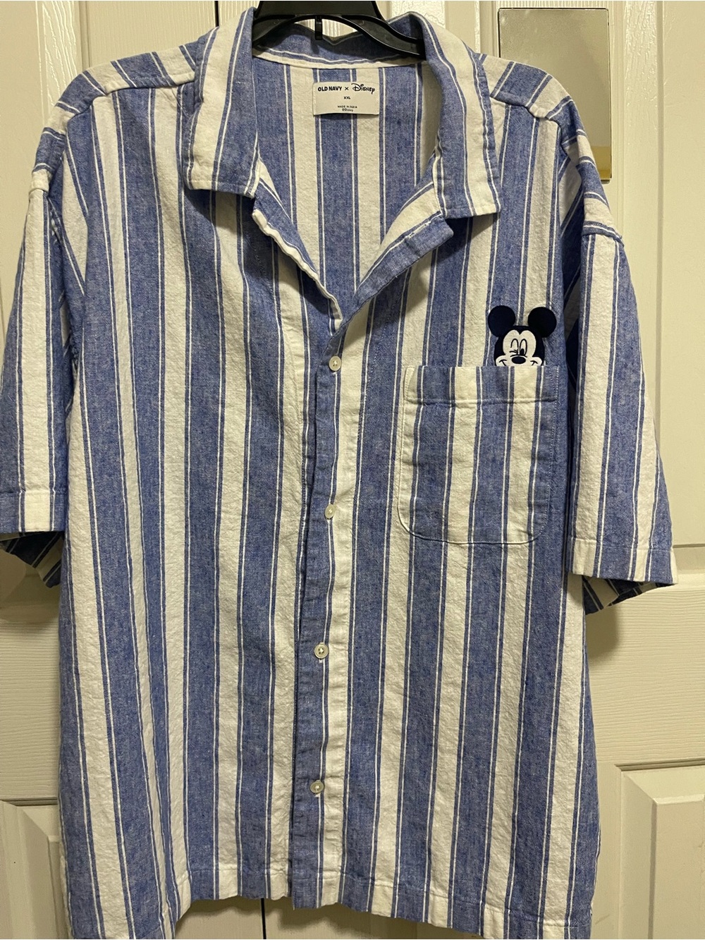 Disney Mickey Mouse Blue & White Striped Men’s Button-Up Shirt